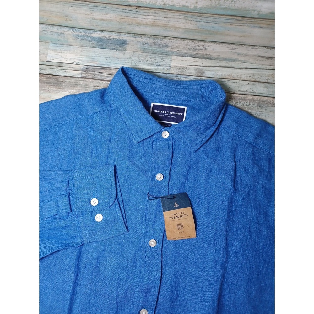Charles Tyrwhitt Mens L Ocean Blue Plain Classic Fit 100% Linen L/S Button-Down